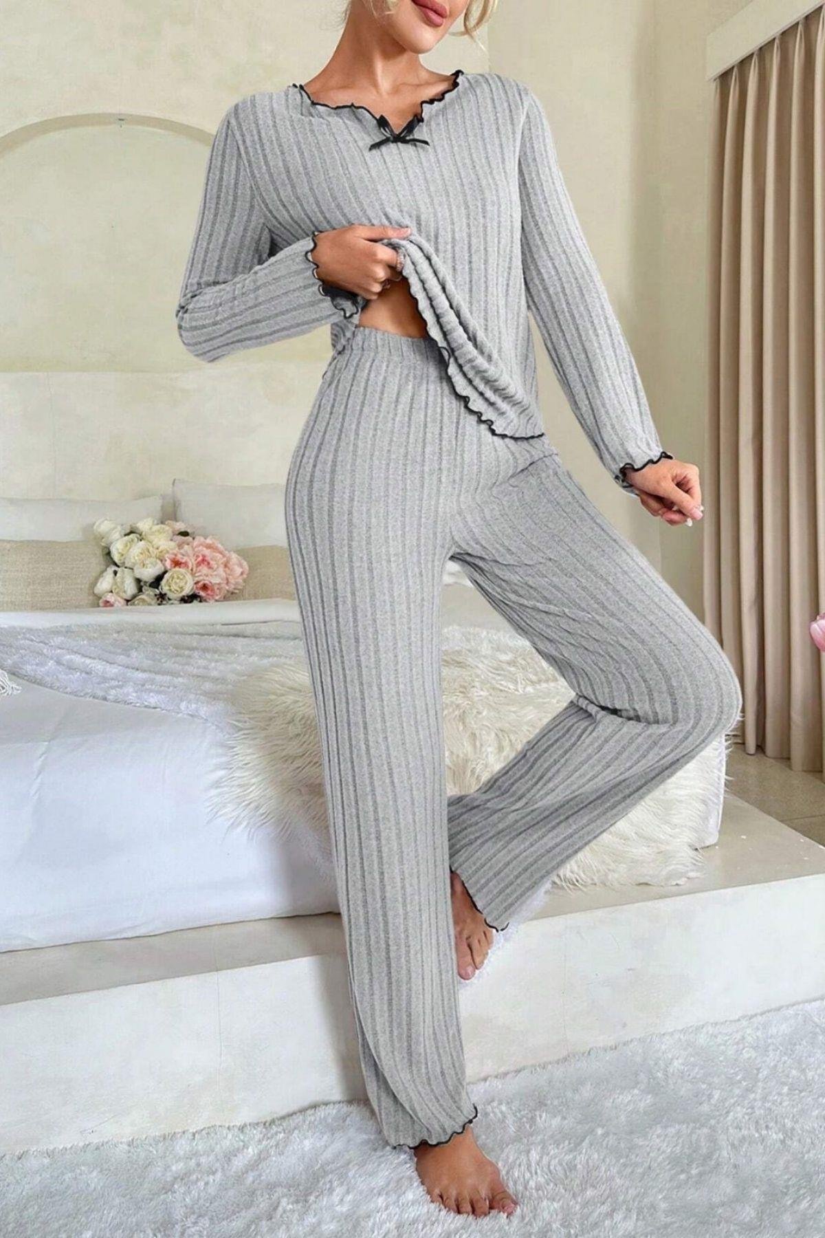 Kadın Gri Çizgili Uzun Kollu Fiyonk Detaylı Pijama Takımı Rahat Mevsimlik — görsel 6