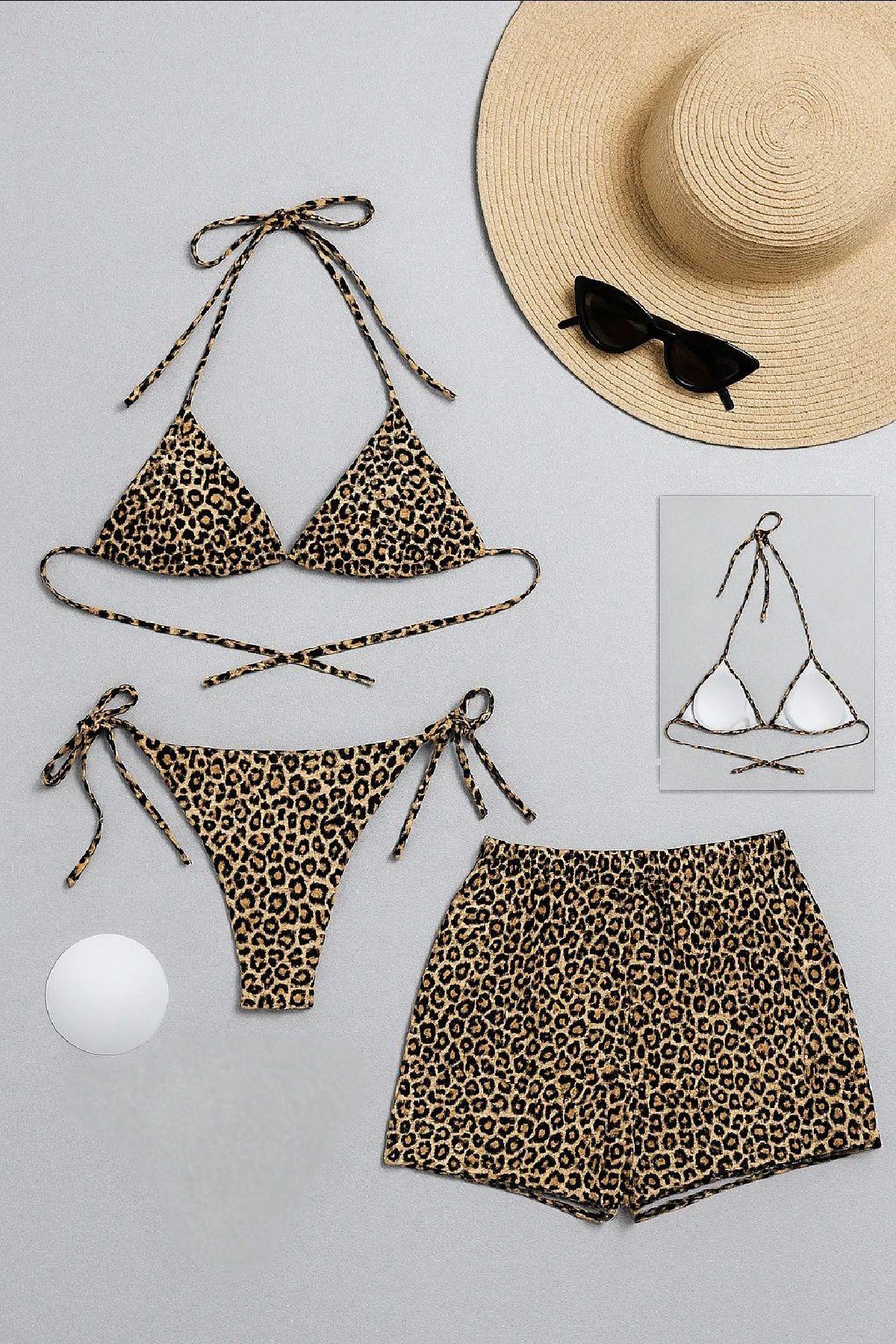 Kadın 3'lü Set Leopar Desenli Şortlu ve Yandan Bağlamalı Bikini Mayo Takımı