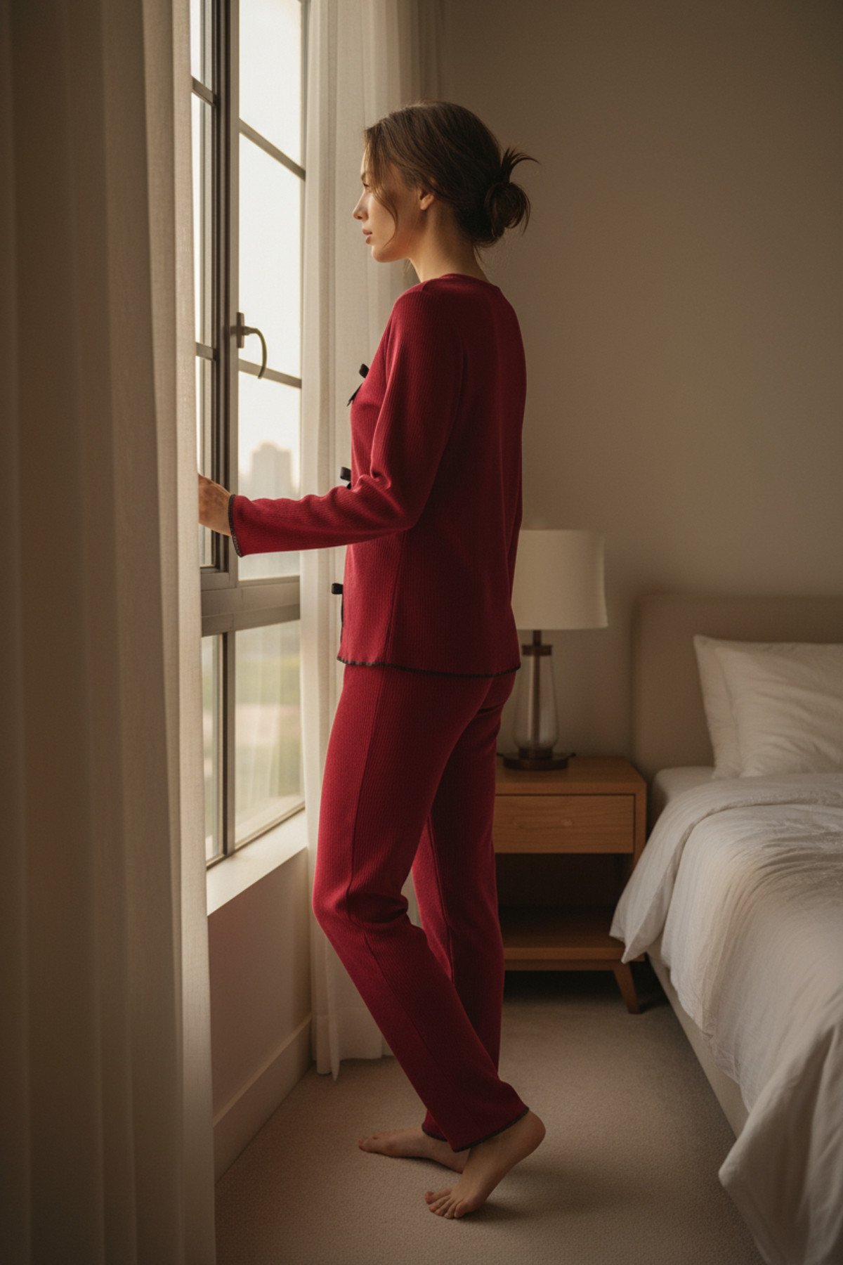 Kadın Bordo Fiyonklu İç Çamaşırı ve Uzun Kollu V Yaka Pijama Takımı 4'lü Set — görsel 7