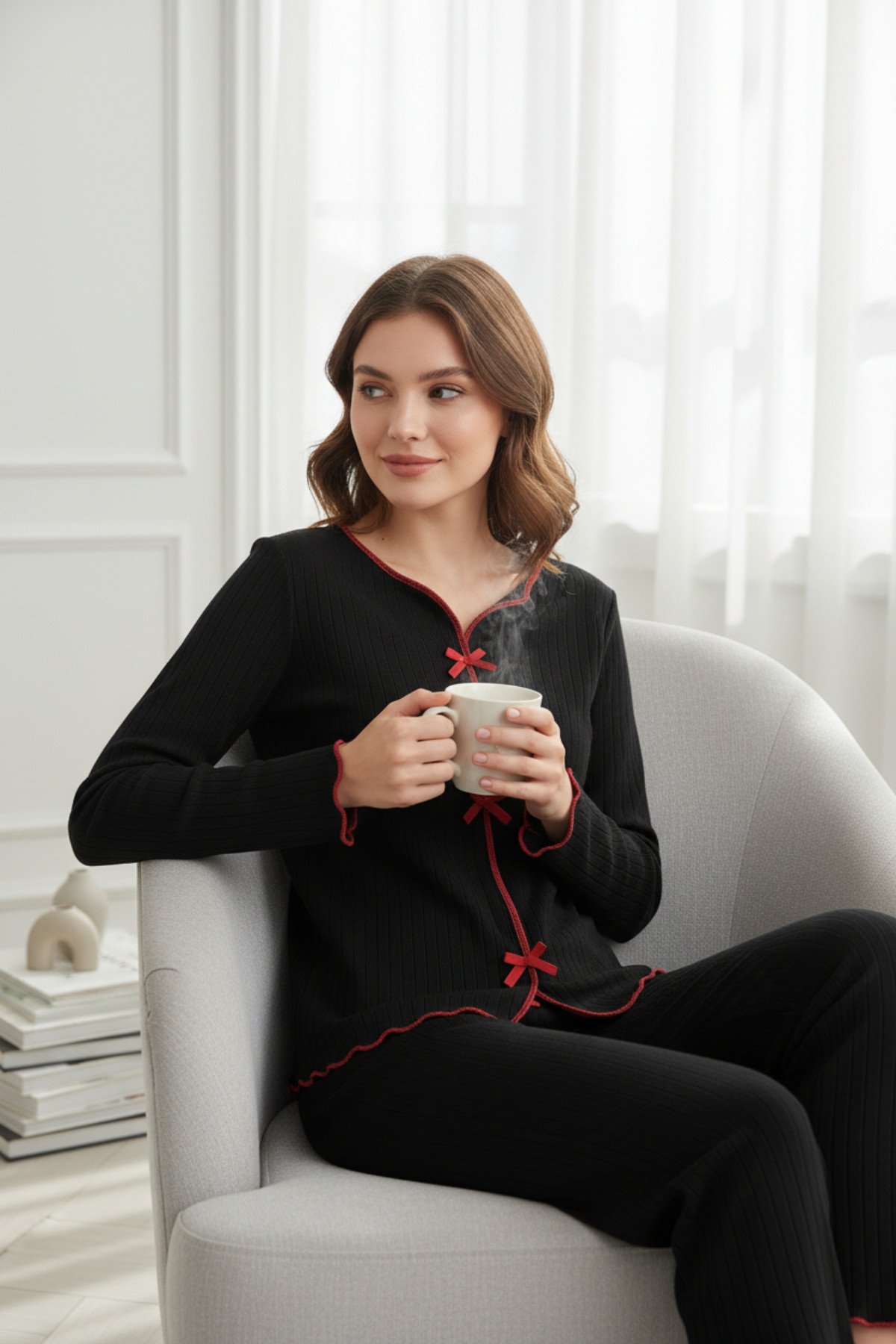 Premium Kadın 4’lü Fitilli Set – Siyah Kırmızı Biyeli (Pijama Üst, Pantolon, Bikini Takımı) — görsel 8