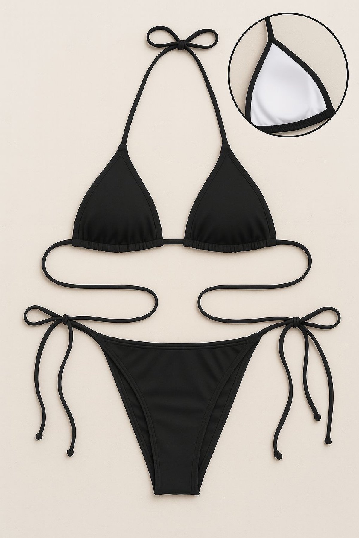 Kadın Siyah Yandan ve Boyundan Bağlamalı Bikini Mayo Takımı