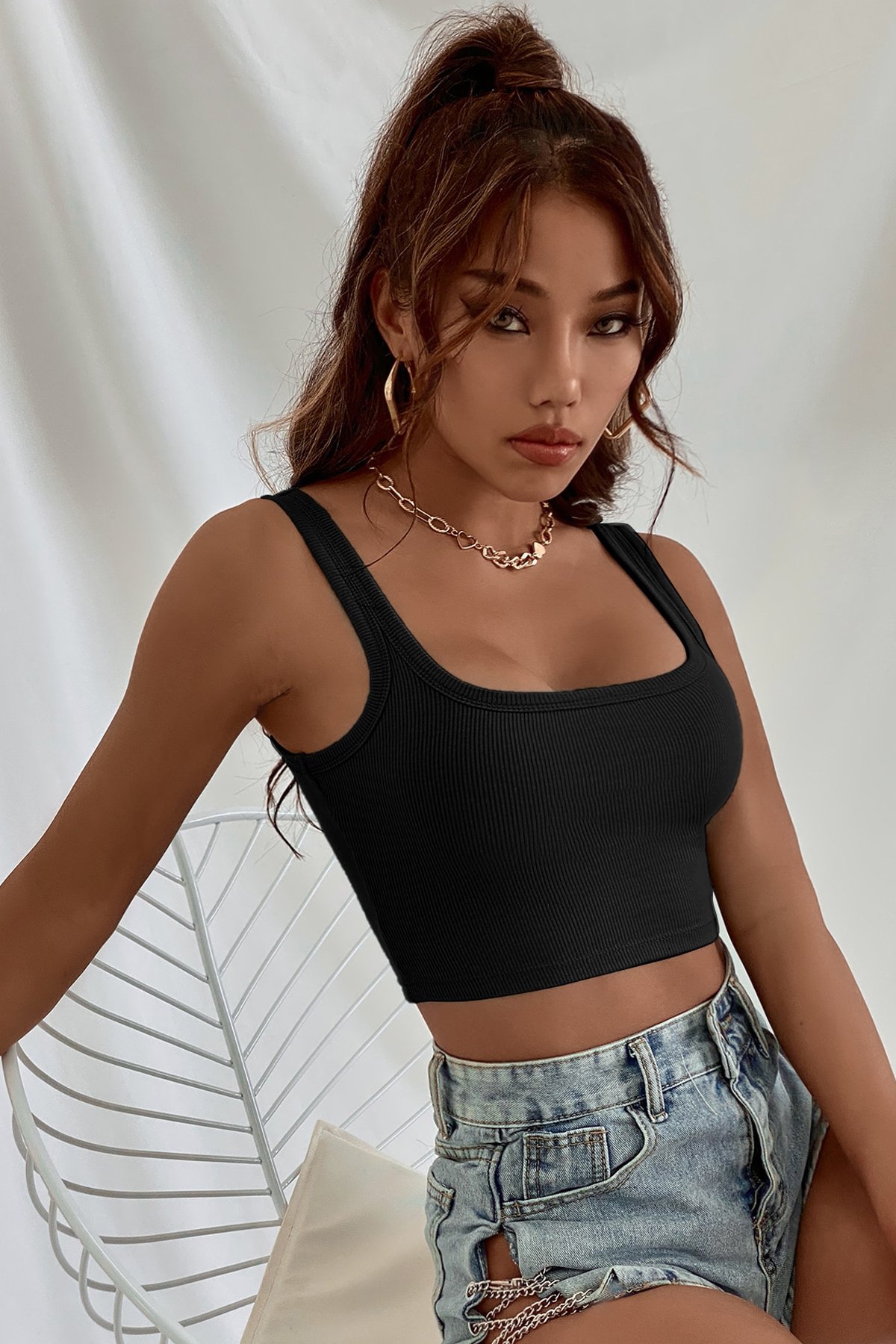 Kadın Siyah Kalın Askılı Crop Top Büstiyer — görsel 6