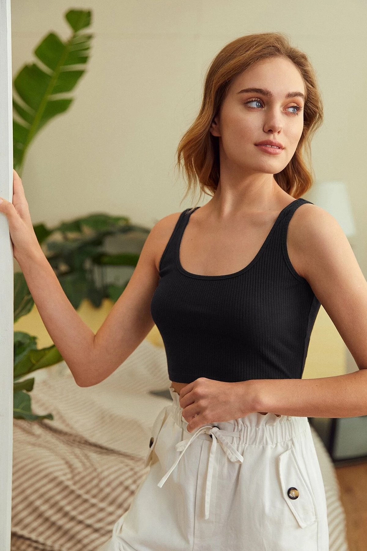 Kadın Siyah Kalın Askılı Crop Top Büstiyer — görsel 7